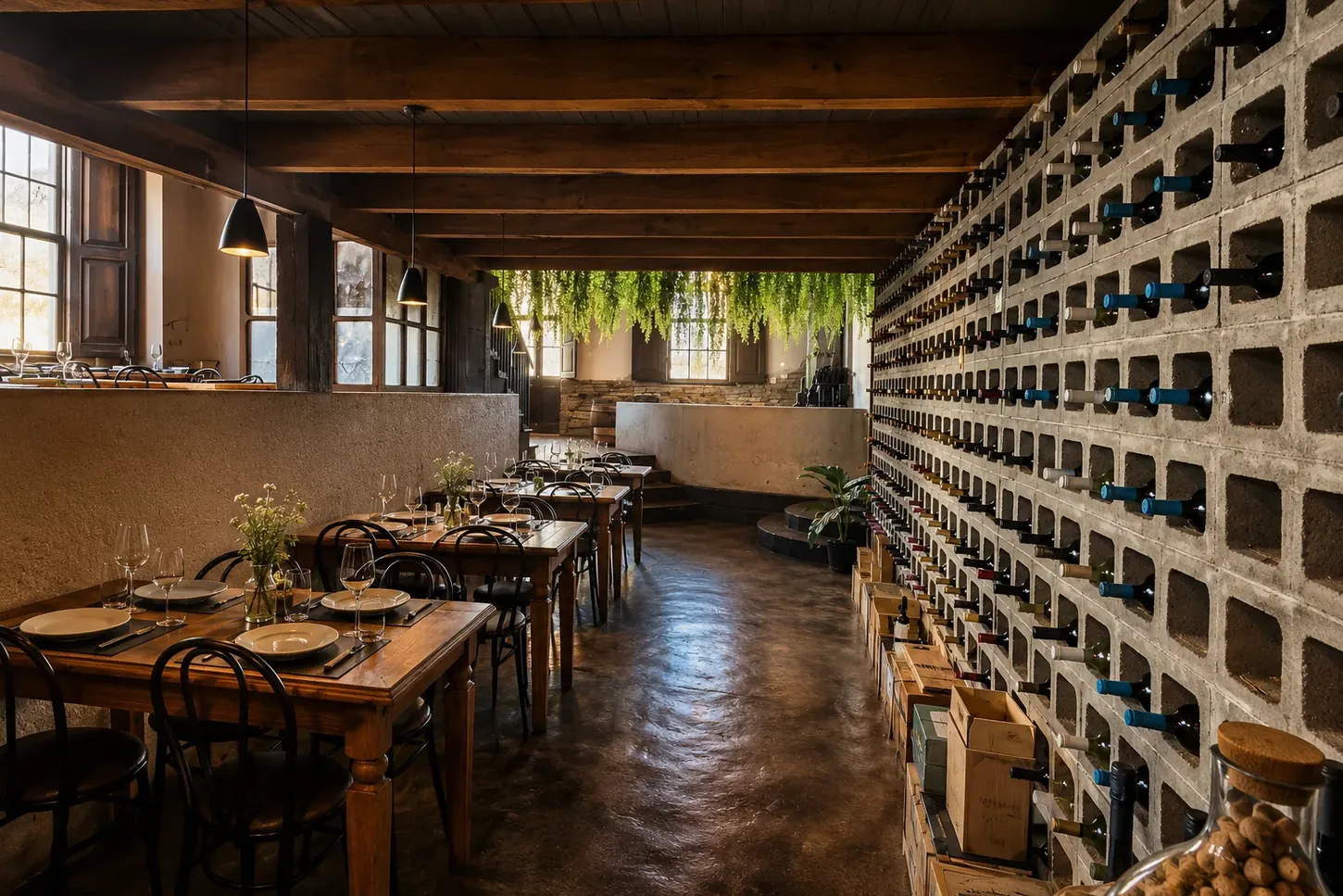 Ambiente do 1923 com adega, vinho e mesa preparada